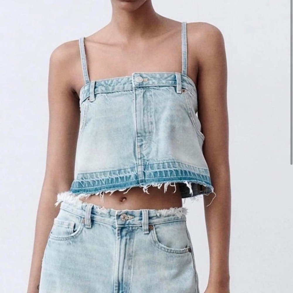 Zara Light Blue Denim Festival Crop Tank Top